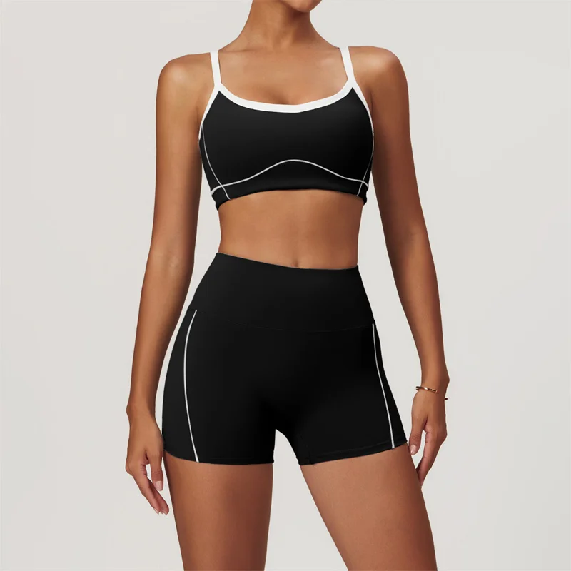 SVEIC Nude Fitness Shorts Yoga Bra Sets Contrasting Colors Sportswear High Waist Workout Leggings Cycling Gym Shorts Sports Suit