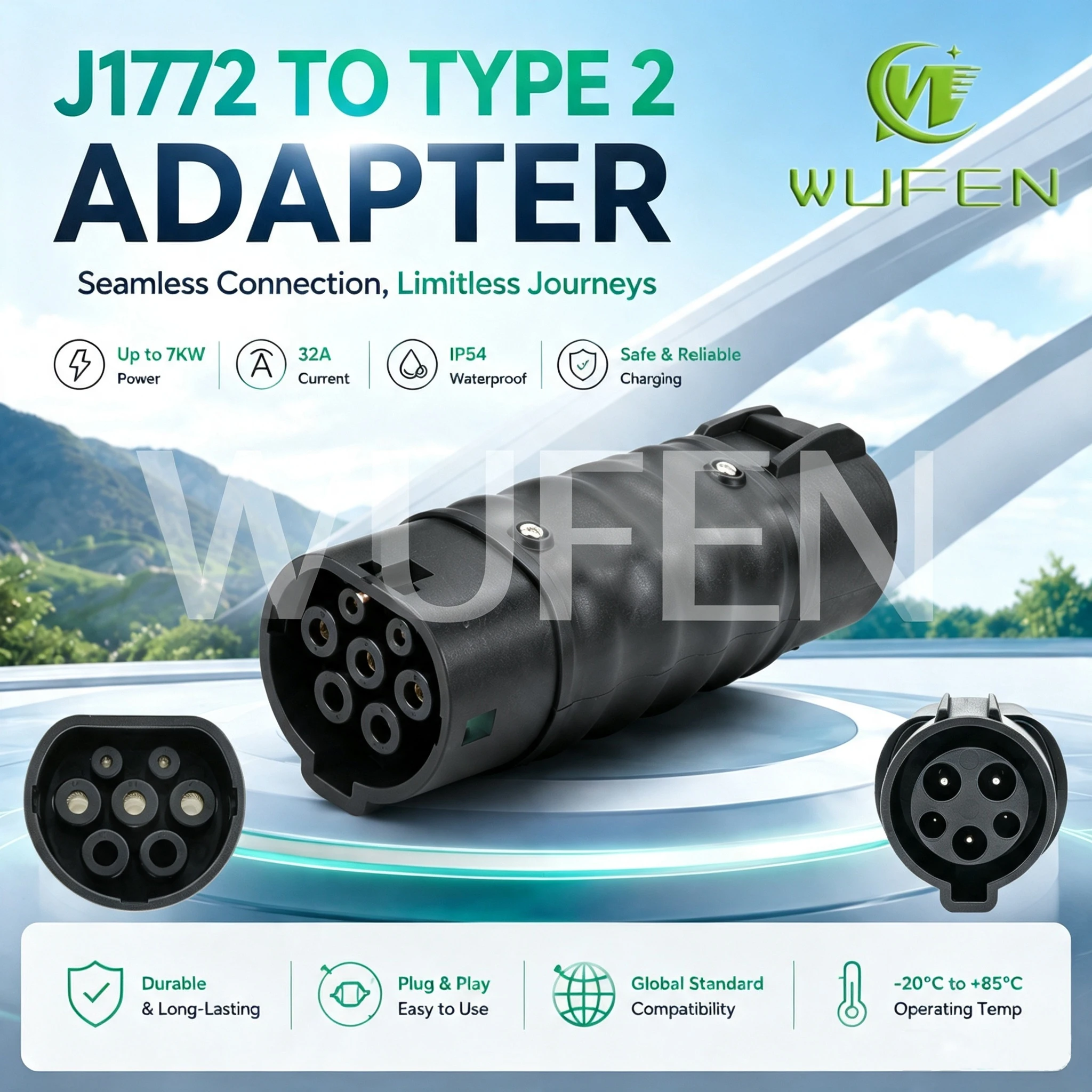 WUFEN Type 1 to Type 2 Car Charging Adapter 32A AC 110V~250V 7KW J1772 to Type 2 Converter for Electric Vehicle Charging