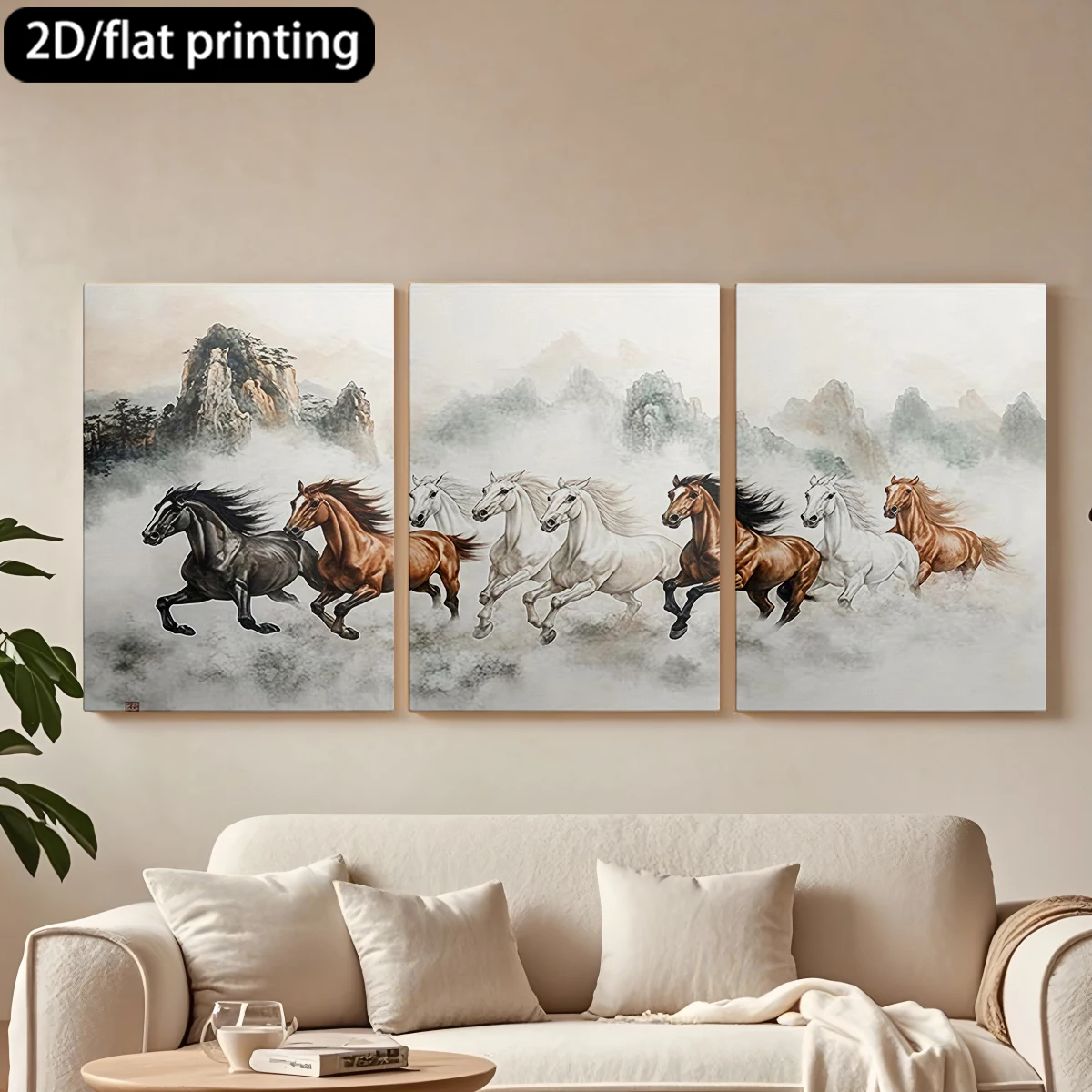 

2D flat printing 3pc wooden frame canvas decorative painting Eight horses, misty mountain landscape.Corridor bedroom decoration