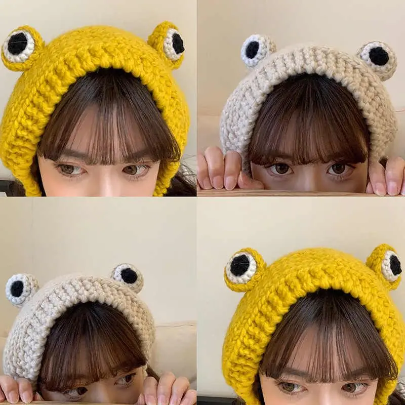 autumn-women's-sweet-frog-knitting-wool-cap-stylish-headwear-comfortable-winter-outfit-accessory-for-all-ages