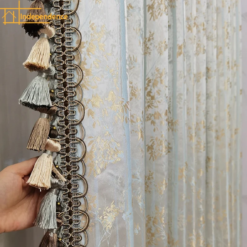 

Grey Blue Marble Gilding Jacquard Thickened Curtains for Living Room Bedroom French Window Partition Curtain Study Finished