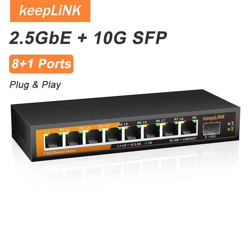 

Неуправляемый сетевой коммутатор KeepLiNK на 9 портов Multi-Gig с 8 портами 2.5Gb и 1 портом 10Gb SFP+ для восходящей линии связи