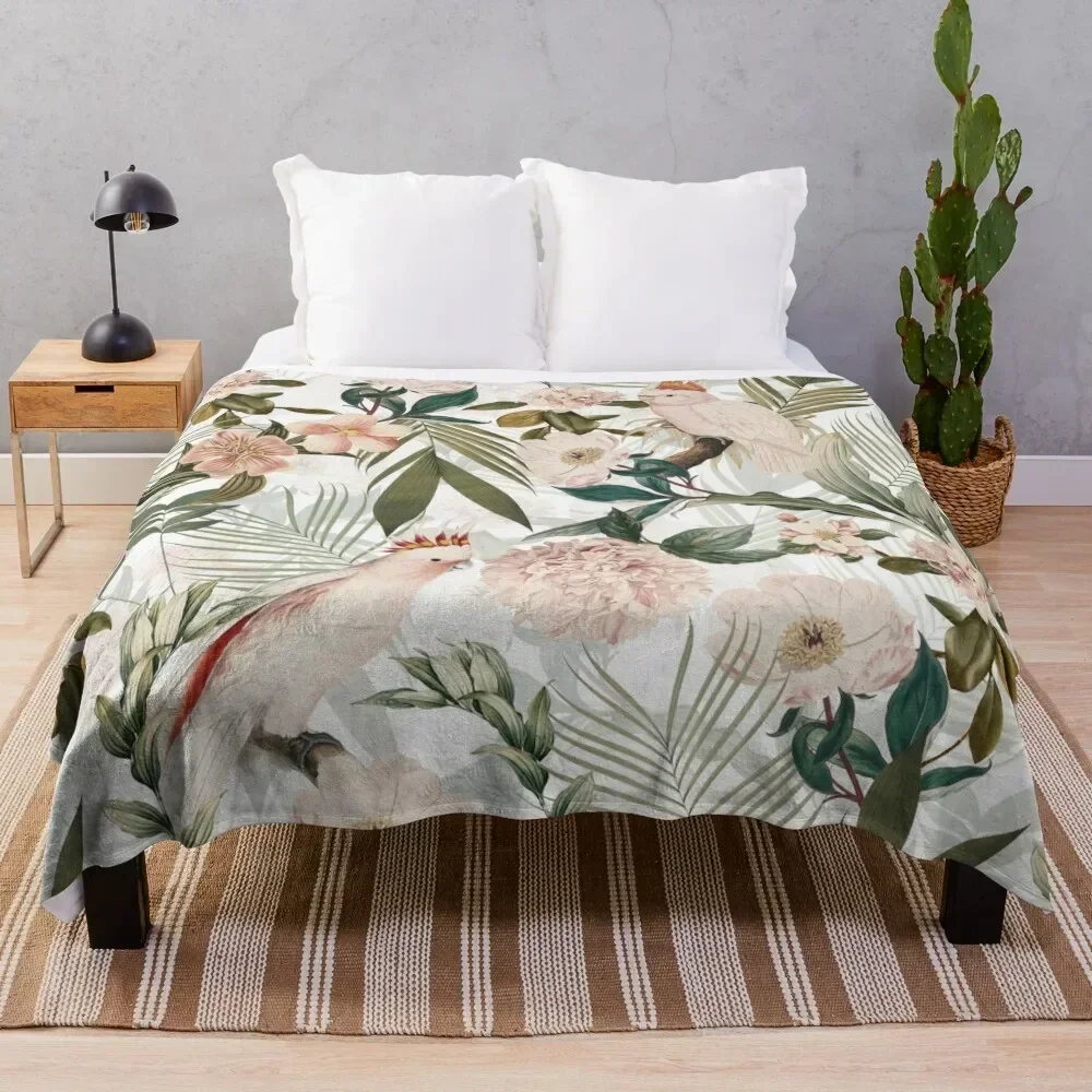 

Tropical cockatoo and jungle pattern - white Throw Blanket Lightweight Warm Blanket for Indoor Outdoor Use
