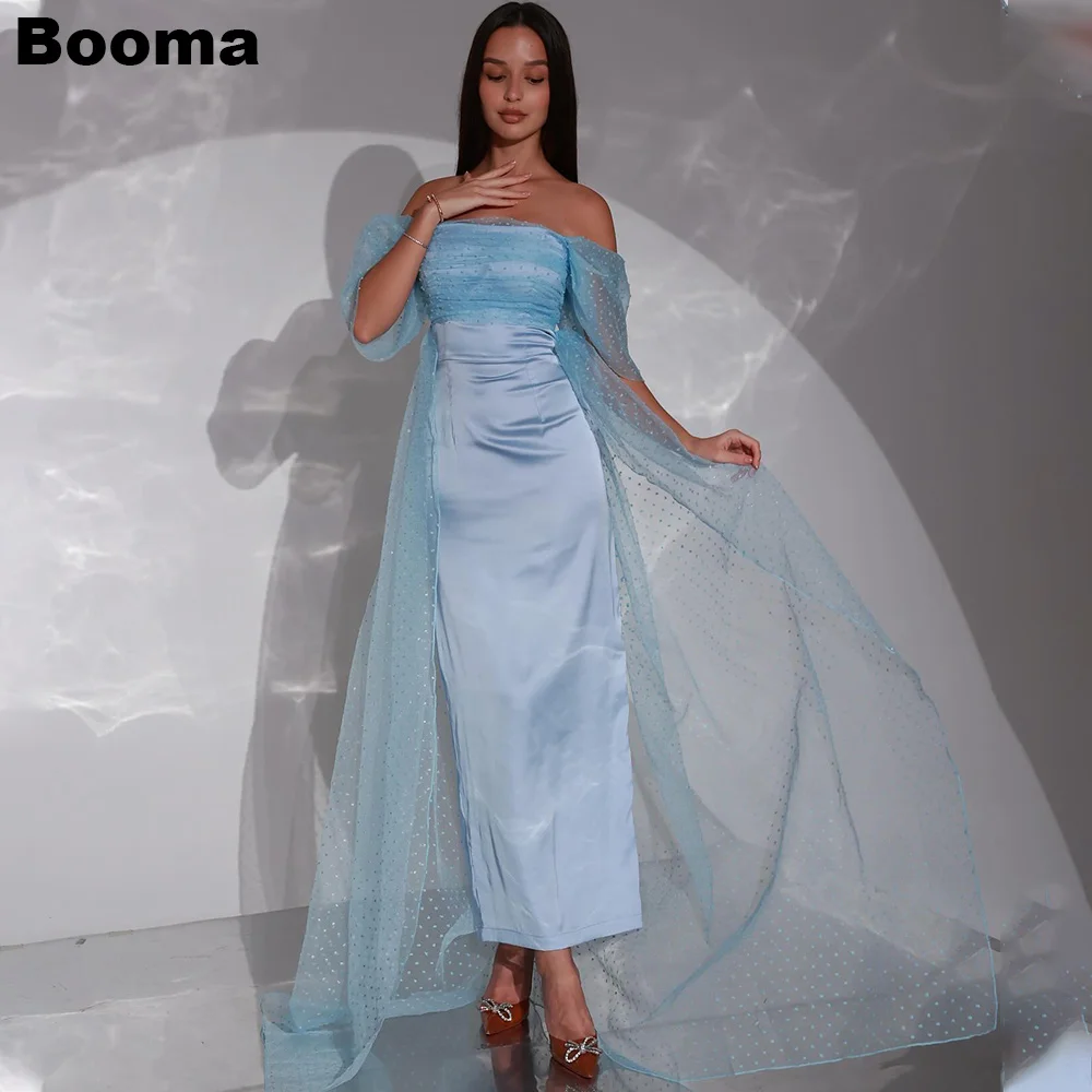 

Booma Light Blue Mermaid Evening Dresses for Women, Off Shoulder Prom Gowns, Ankle Length Dots Tulle Cape Formal Occasion Dress