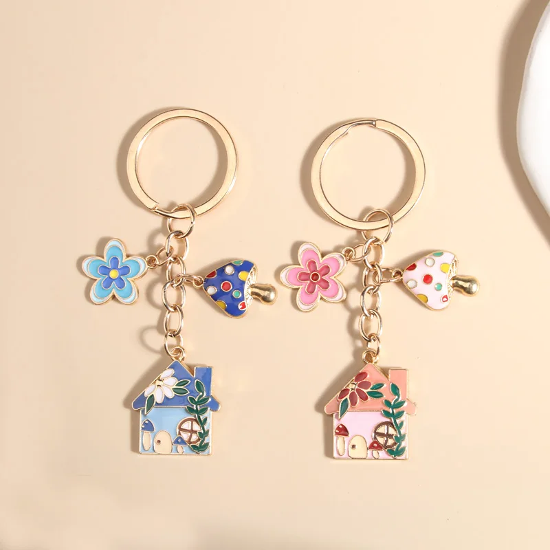 Cute Mushroom House Flower Enamel Keychain Colorful Fairy Tale Key Chains For Women Girls Souvenir Making DIY Jewelry Findings