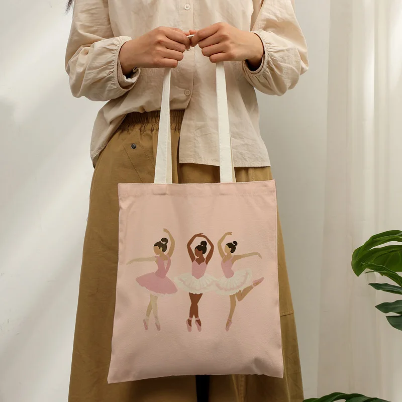 Elegant Ballerina Canvas Tote Shopping Bag Ballet Dancer Print Reusable Shoulder Bag For Dance Fans