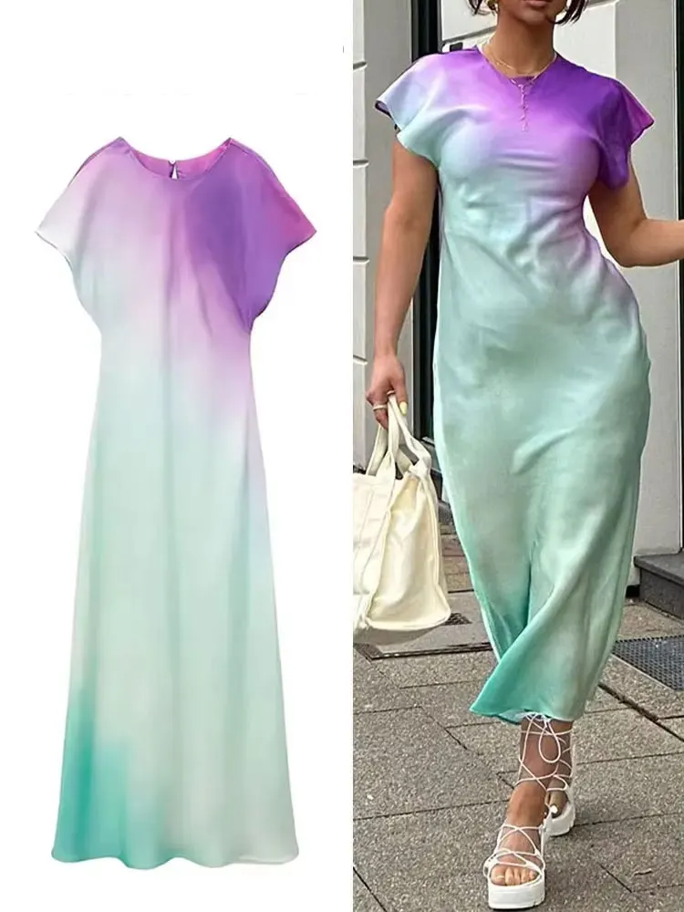 2024 여름 여성 프린트 드레스 반팔 빈티지 타이다이 O넥 여성 루즈 드레스 캐주얼 시크 새틴 여성 드레스