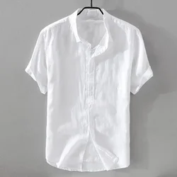 Short Sleeve Linen Shirt Men Simple Casual Retro Loose Style Youth Thin Basic Half Sleeve Cotton Linen Clothing