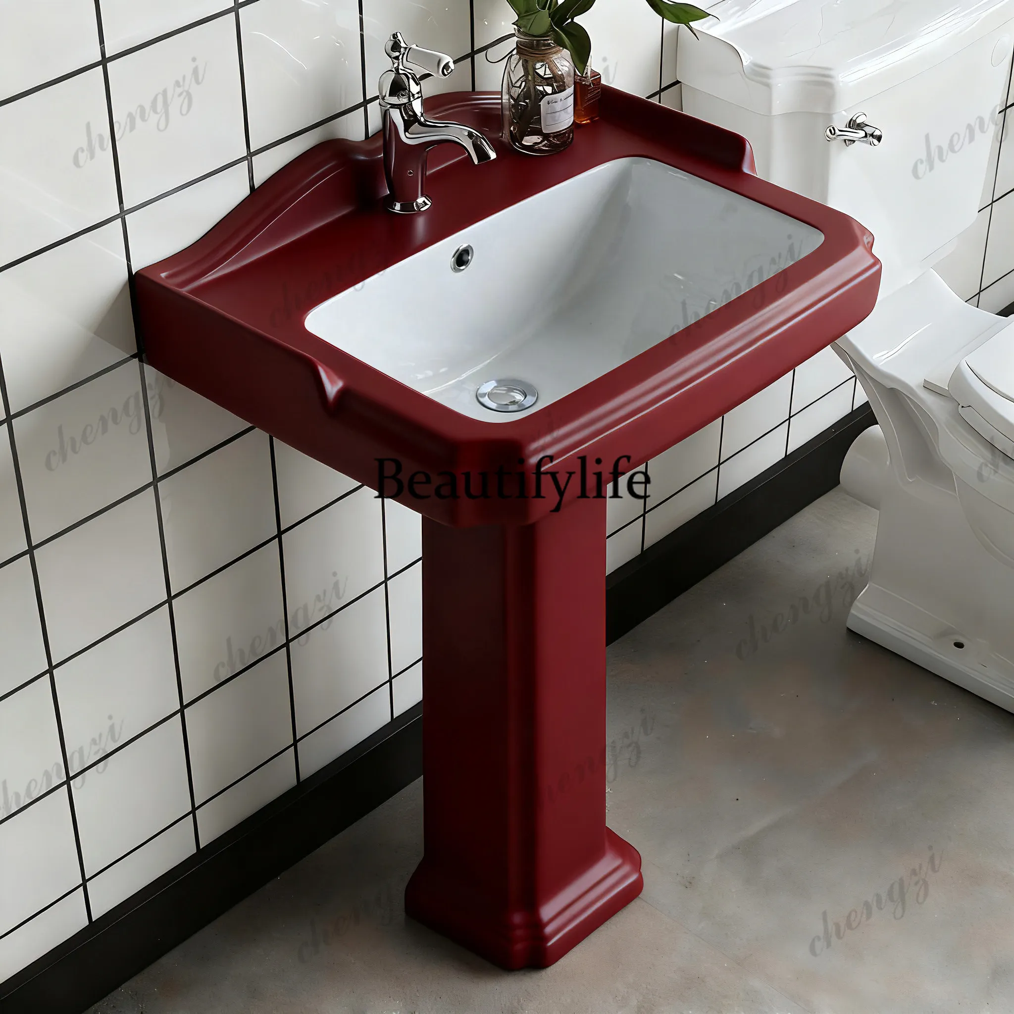 French retro style colored ceramic column basin B & B small apartment bathroom floor-to-ceiling washbasin