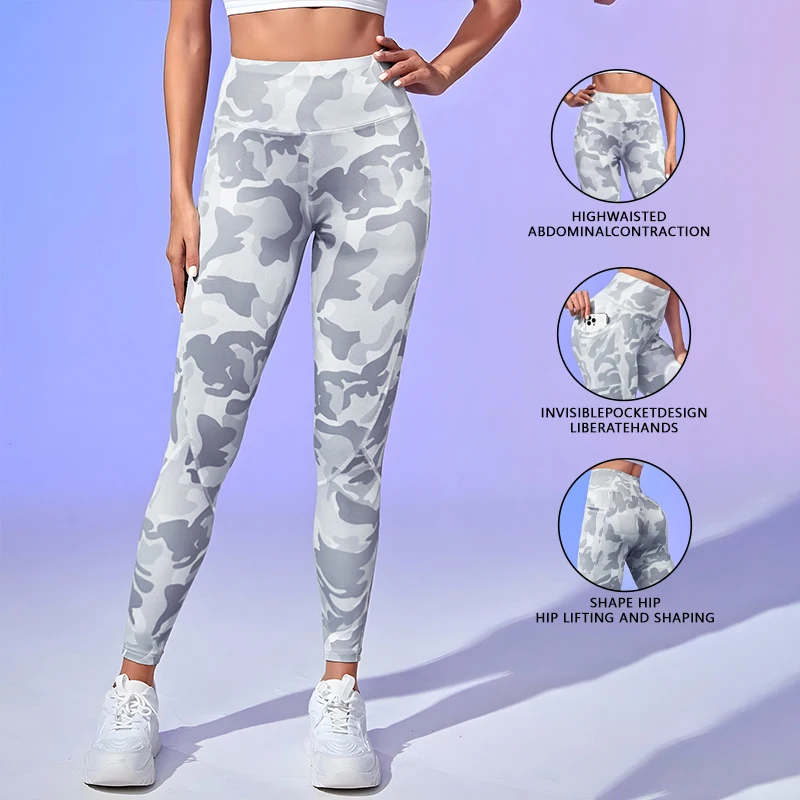 Camouflage Print Pants with Pockets Yoga Sports Wear Comfortable Soft Daily Two-Way Wear Long Trousers