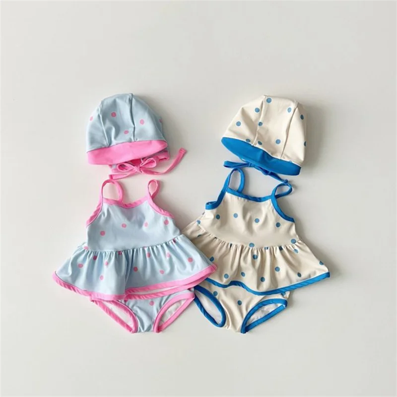 2023 Summer Korean New Kids Children Strap Swimsuit 3 Pcs Baby Cute Dots Print Swimwear for Girls Bikini Suit 1-5Years