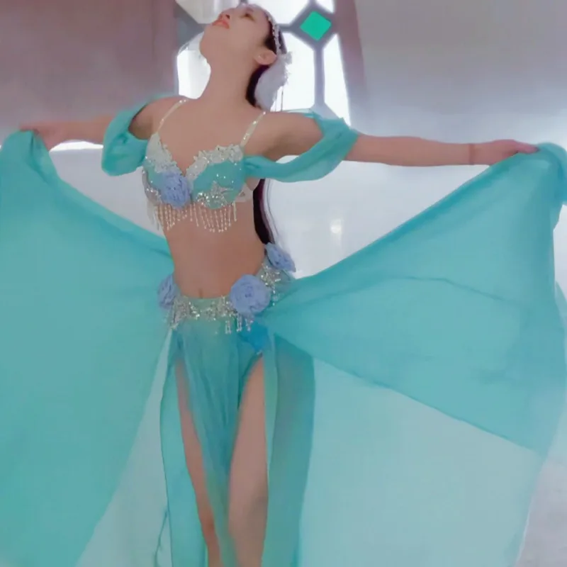 Conjunto de trajes de dança do ventre personalizados, vestido de performance, saia de classe, sexy, temperamento, roupa de prática, sutiã azul de dança do ventre