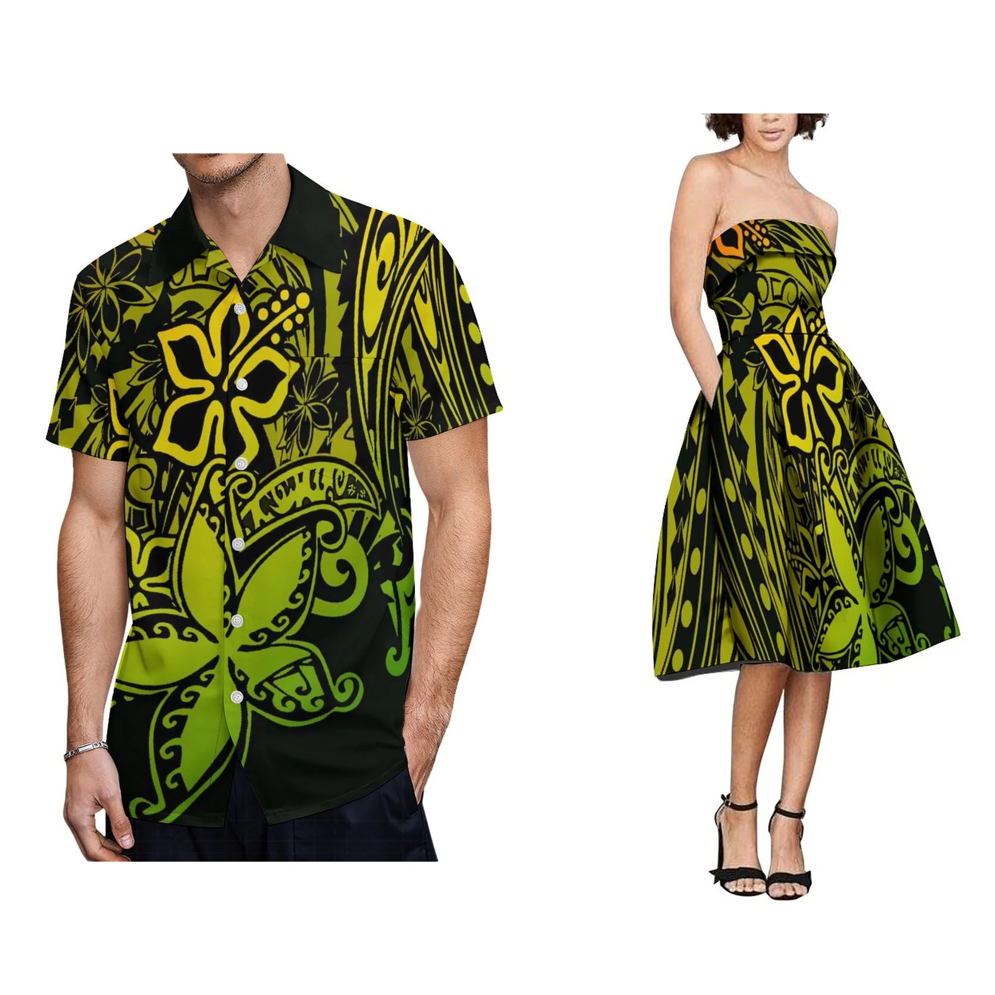 우아한 폴리네시안 사모아 부족 프린트 여성 랩 원숄더 드레스와 셔츠 2종 세트 의류