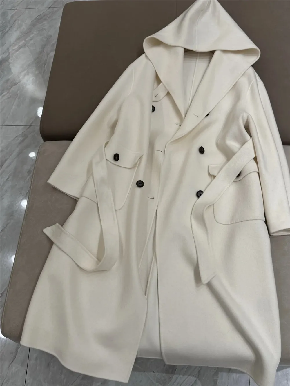 Women's Cashmere Wool Hooded Coat Double-Breasted Temperament Waist Belt Mid-Length Trench Coat Black White