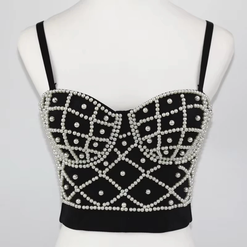 

Ins Net Red Pearl Halter Tank Top Female Outwear Backless Cross Strap Beauty Back Navel Short Top Summer Sexy Slimming Free Bra
