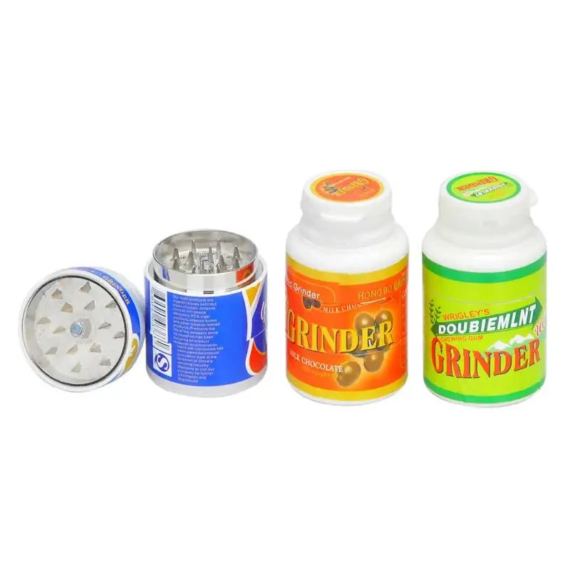 45mm Chewing Gum Bottle Herbal Grinder Tobacco Herb Crusher Smoke Metal Plastic Shell Sticker Print Smoking Accessories