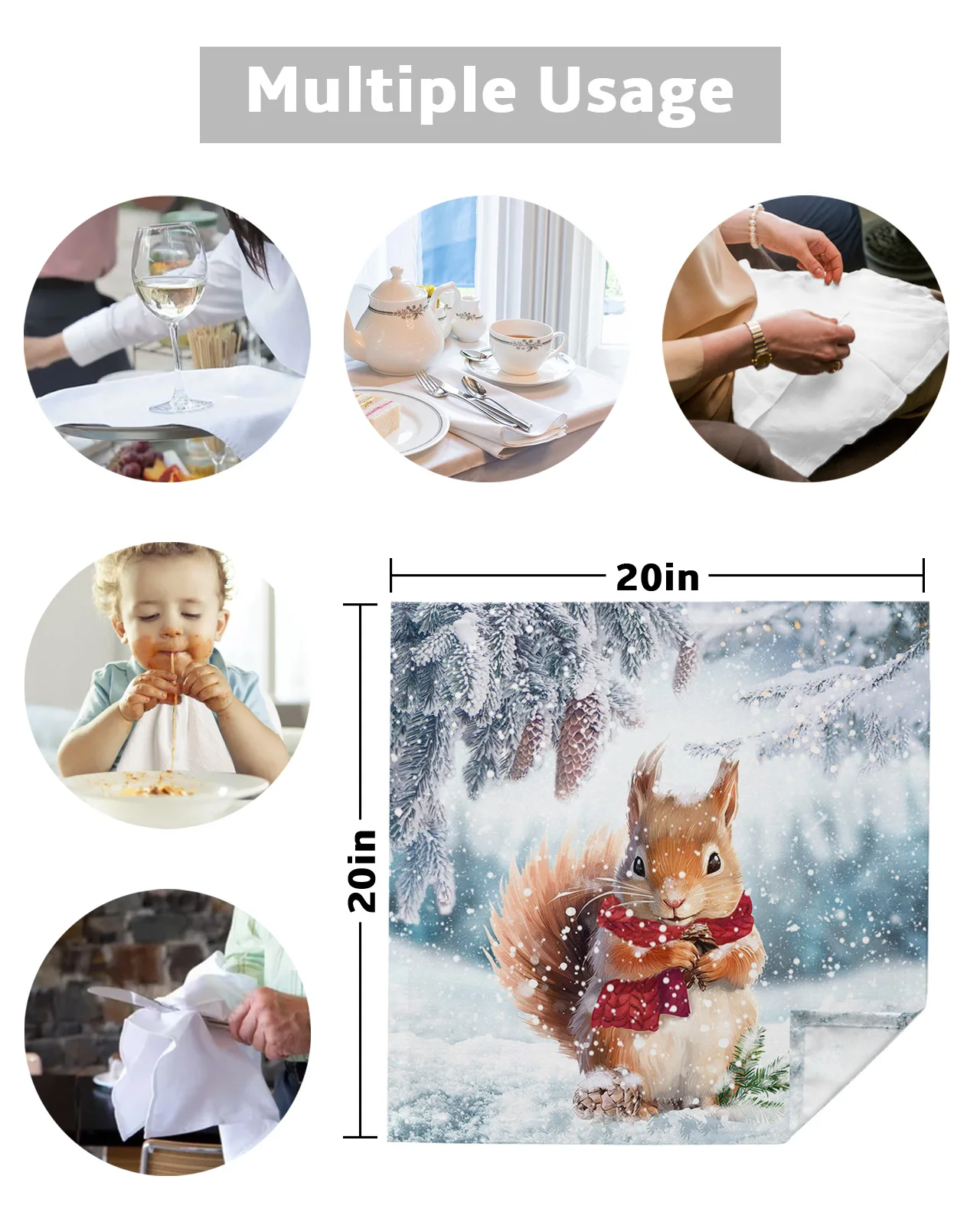 Winter Snow Pine Cone Squirrel Table Napkins Cloth Set Handkerchief Wedding Party Placemat Xmas Banquet Tea Napkins