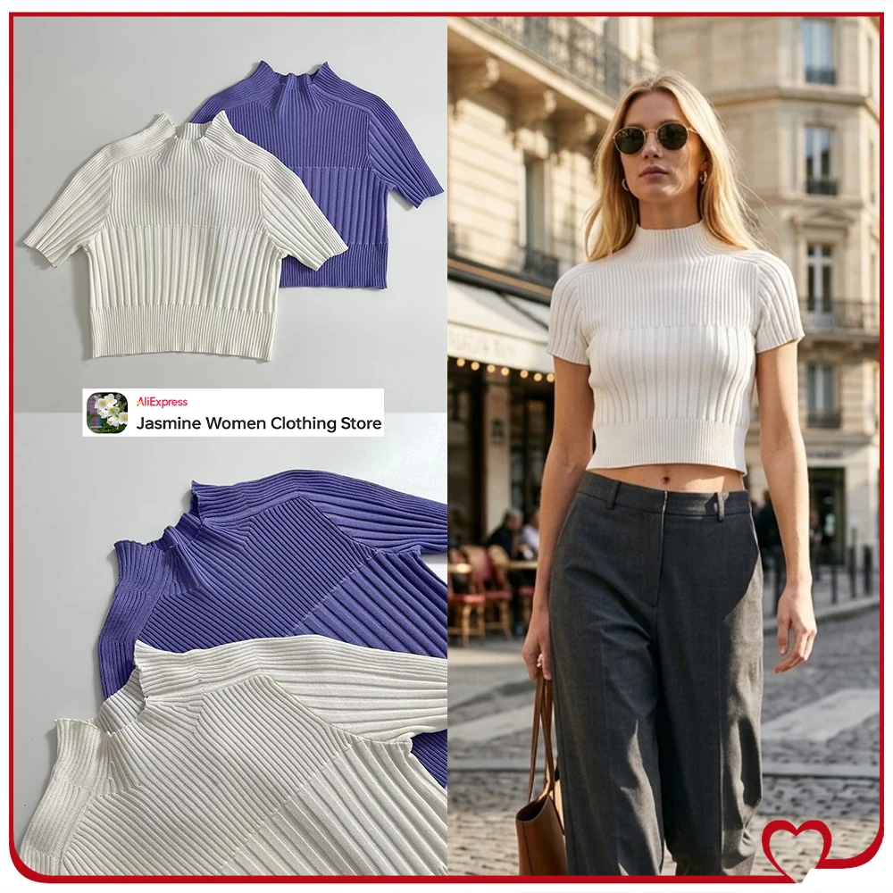 

Летние стильные укороченные топы из рубчатого трикотажа для женщин: облегающие, сексуальные, с короткими рукавами, элегантные, шикарные, с высоким воротником, вязаные укороченные футболки