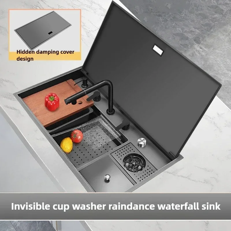 Durable90 * 50CM Invisible Sink with Cup Washer, Stainless Steel Vegetable Basin, Bar Island Single Slot Hidden Sink with Dampin