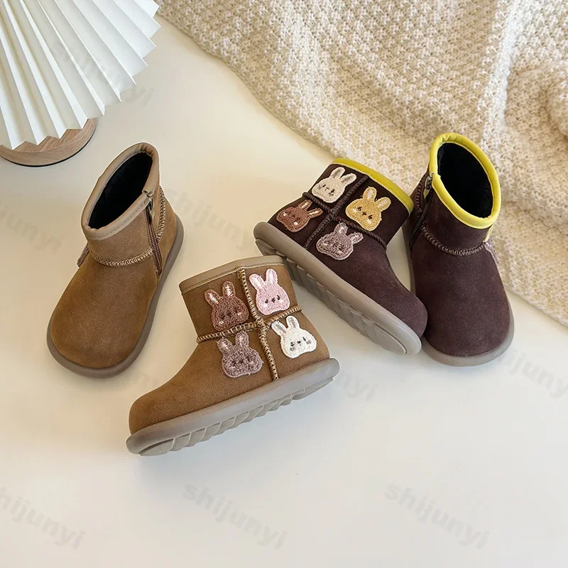 Winter Cotton Boots Boys Girls Cute Cartoon Rabbit Snow Boots Little Princess Warm Plush Suede Ankle Boots Children Winter Shoes