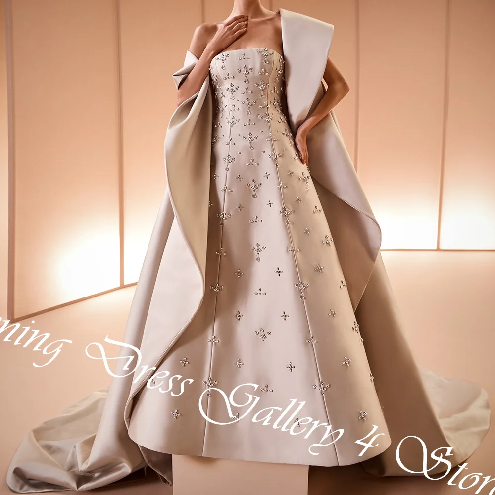 Customized Delicate  Crystal Pleat Strapless Floor Length A-Line платье вечернее Satin Shawl Sweep Train Vestidos Para Mujer