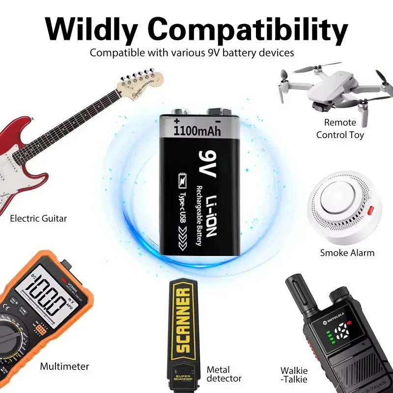 New 9V 1100mAh Rechargeable Battery USB Type-C Replacement for 6F22 9V Li-ion Battery for RC Helicopeter Model Multimeter Toy