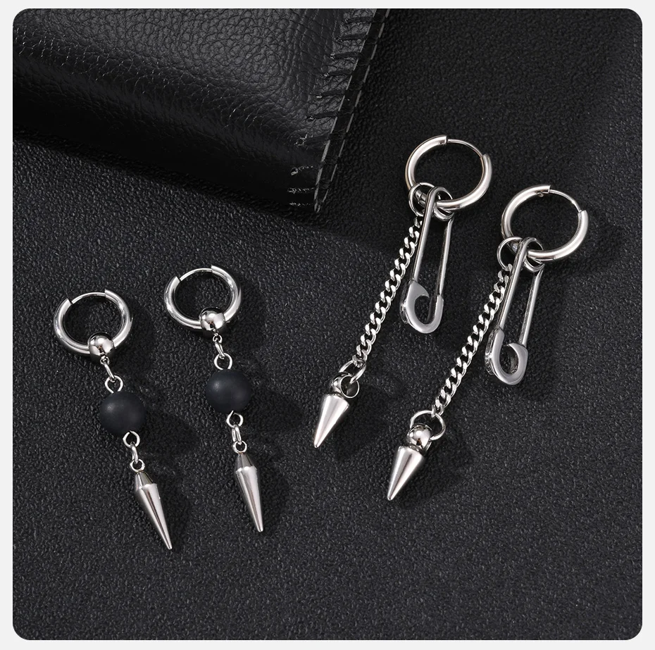 Vnox Punk Edelstahl Creolen für Männer, Schwarze Perlen-Kegel-Spikes, Sicherheitsnadel-Spikes, Hängende Gothic Hip-Hop Schmuck Geschenk – Detail 5