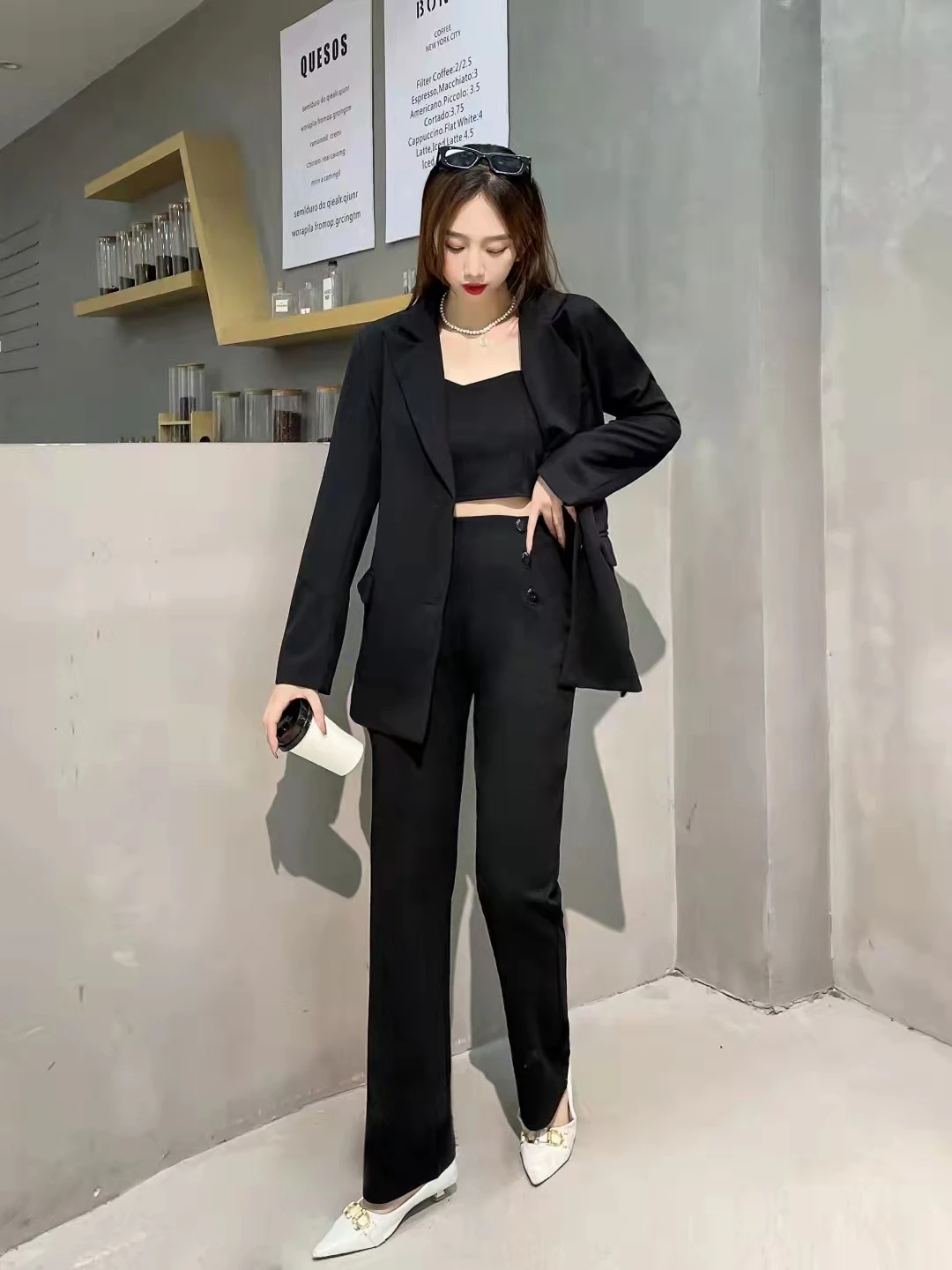 Women's Autumn Winter Vintage Casual Blazer Vest Wide Pants Set Commuting Solid Color Loose Suit Vest Trousers Three-piece Set