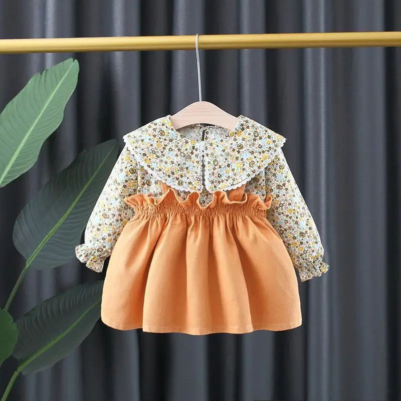 (0-3 Years Old) Fall New Girls Dress Birthday Party Team Dress Halter Fake Two Lapel Lace Lace Long Sleeve A-line Dress Floral