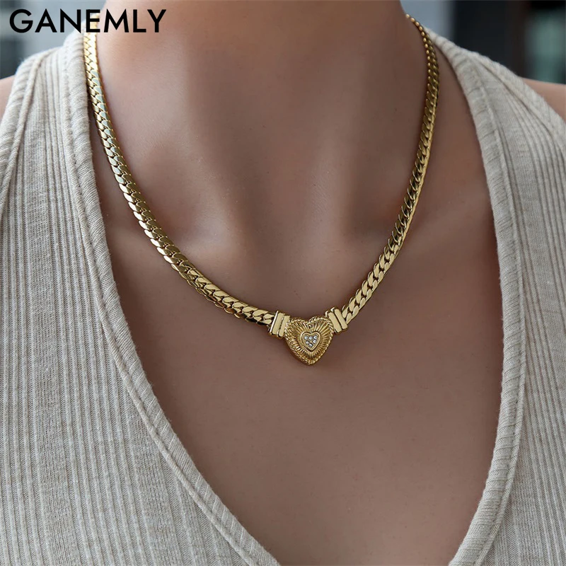 GANEMLY Edelstahl herzförmige funkelnde Strass-Halskette trendige Halskette Halsband Kragen wasserdichter Schmuck für Frauen