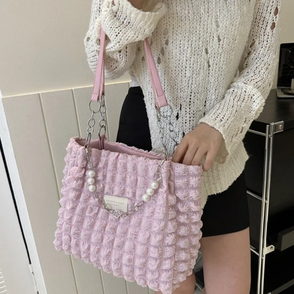 

Cute Beaded Pleated Tote Bag Korean Style Chain Plaid Handbag Solid Color Large Capacity Bubble Cloud Bag Banquet