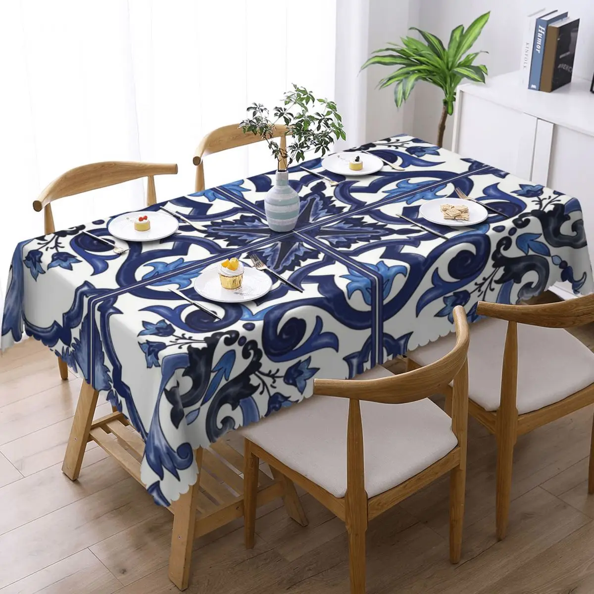 Blue Ornate Floral Mediterranean Sicilian Tile Tablecloth Restaurant Kitchen Rectangular Tablecloth Tablecloth Dining TableCover