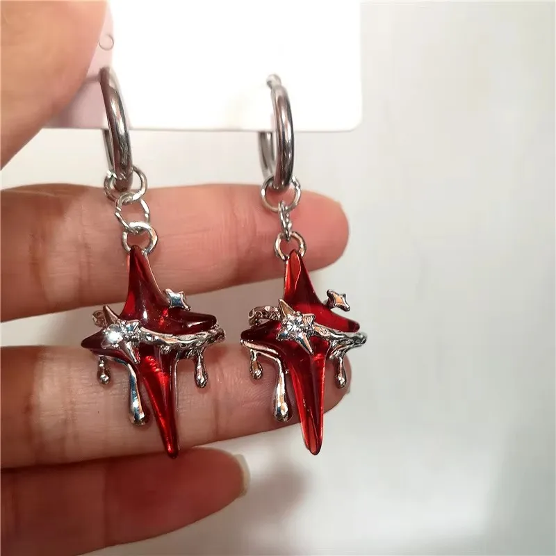 Goth Trendy Punk Red Cross Star Stainless Steel Hoop Earring For Women Men Vintage Aesthetic Y2K Grunge EMO Jewelry Accessories