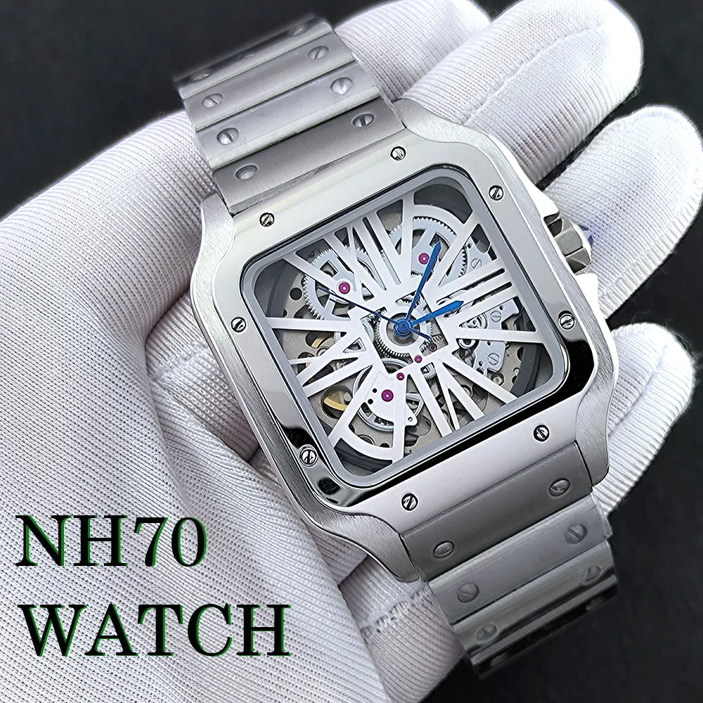 NH70 ساعة رجالي ساعة مربعة الشكل مجوفة من روما ساعة بقرص حافظة مخصصة قابلة للطي مشبك مربع تناسب حركة NH70