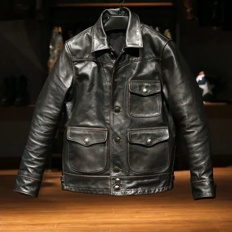 LNY Shop Best.2024 Brand new retro moto tea core horsehide jacket.Men luxury vintage style slim genuine leather coat. 말가죽 재킷