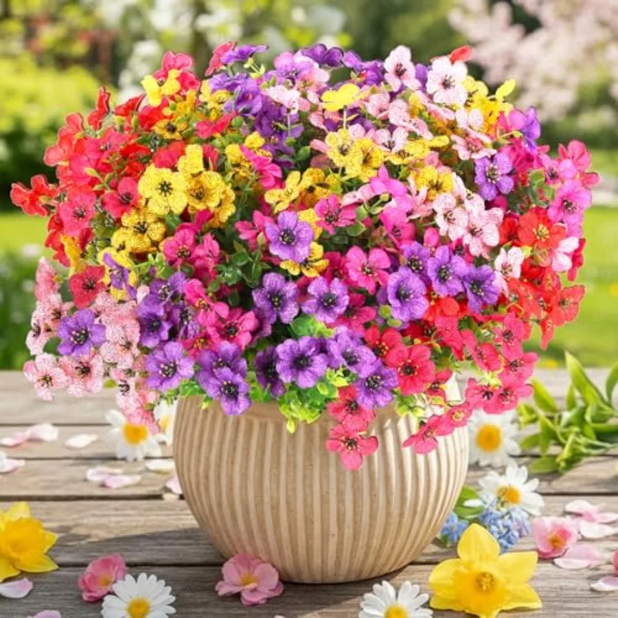 

12 букетов искусственных цветов для улицы и дома: шелковые маргаритки с листьями эвкалипта, искусственные цветы для сада, входной двери, веранды