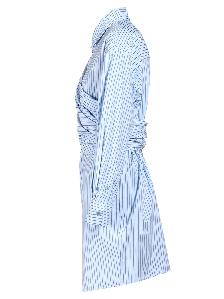 [EAM] Women Blue Striped Irregular Big Size Shirt Dress New Lapel Long Sleeve Loose Fit Fashion Tide Spring Autumn 2024 CP1888