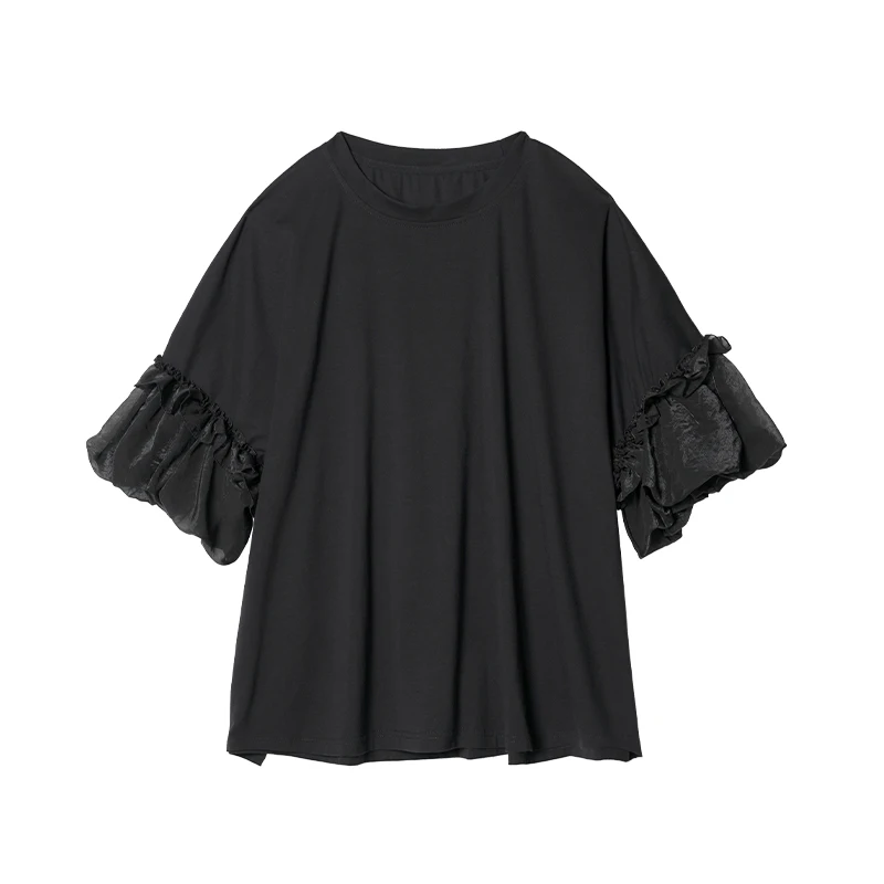 

IMAKOKONI2025 Summer Women's Gothic Sheer Cuff Top Black Oversized Streetwear Casual Ruffle Sleeve Daily Edgy Wear 255029+255030