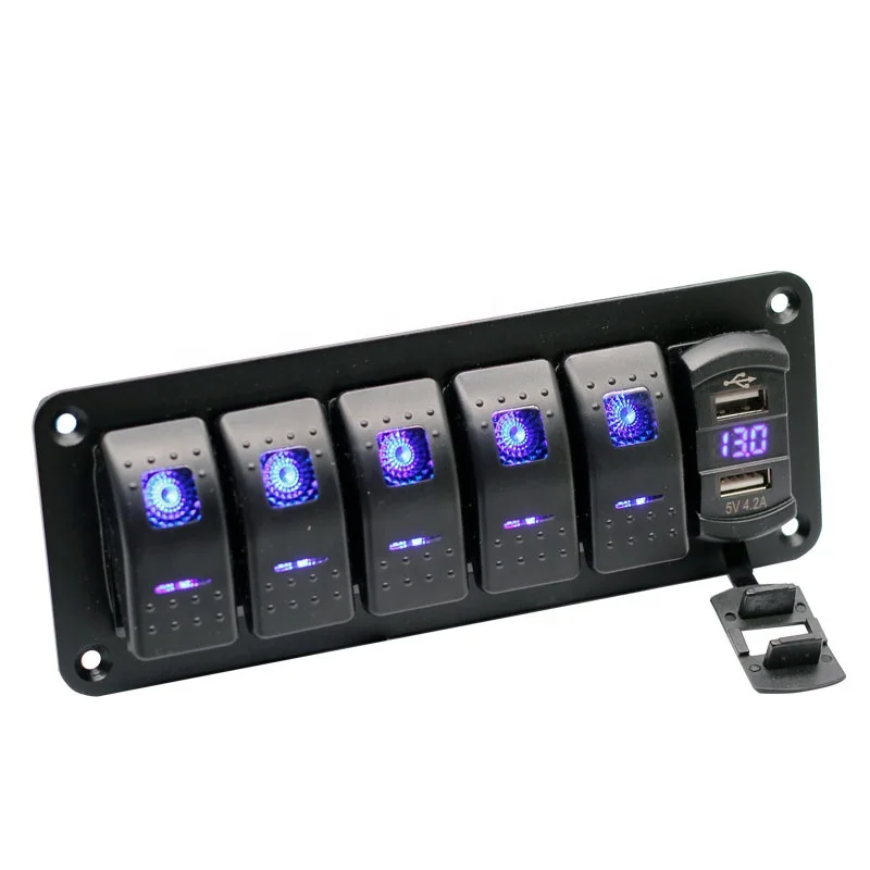 5 Gang Rocker Switch Panel with 4.8 Amp Dual USB Charger Voltmeter Waterproof 12V 24V DC Rocker Switch with Night Glow Stickers