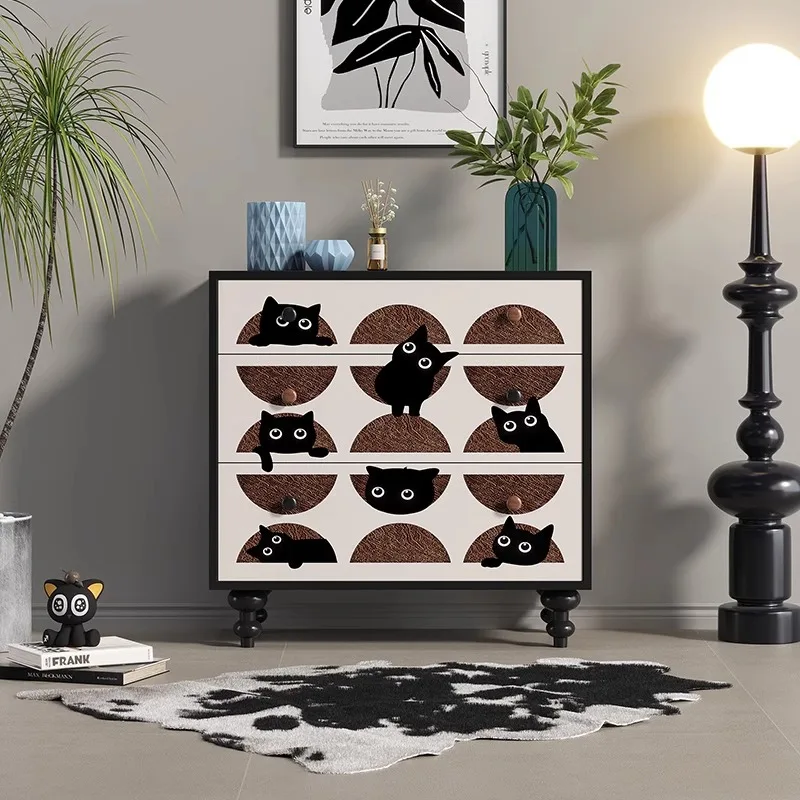 Retro style three-bucket cabinet simple living room entrance porch cabinet solid wood storage side cabinet
