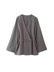 Women's Textured Crossover Kimono Blouses, Side Ties, Long Sleeves, Loose, Female Shirts, Chic Tops, Fashion