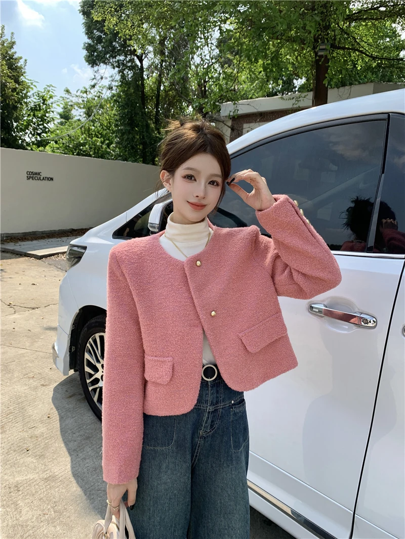 

Fragrant Short Style Popular Pink White Coat Women's Autumn Winter Jacket Outwear