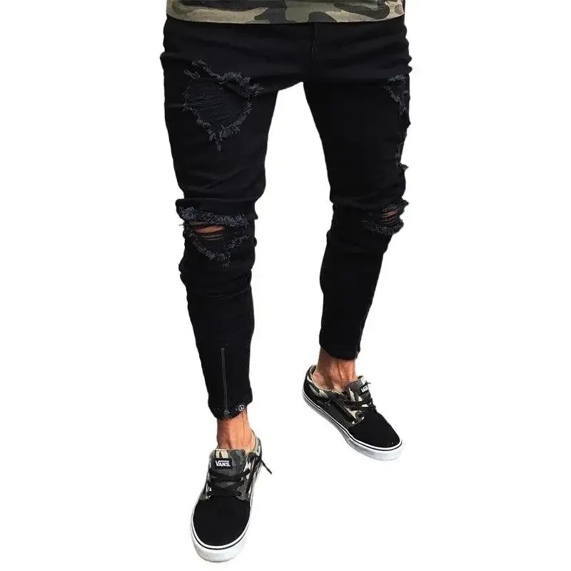 Mens Jeans New Black Ripped Stretch Zipper Trend Trousers for Men