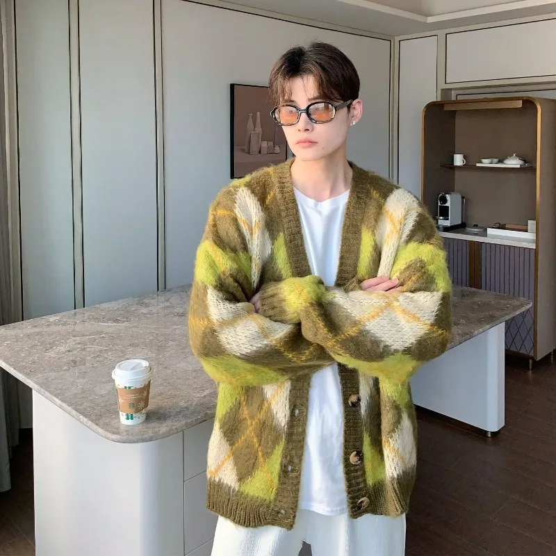 

Модный негабаритный кардиган с цветными блоками в гонконгском стиле с ананасом — свободный вязаный клетчатый свитер на осень/зиму, одежда унисекс