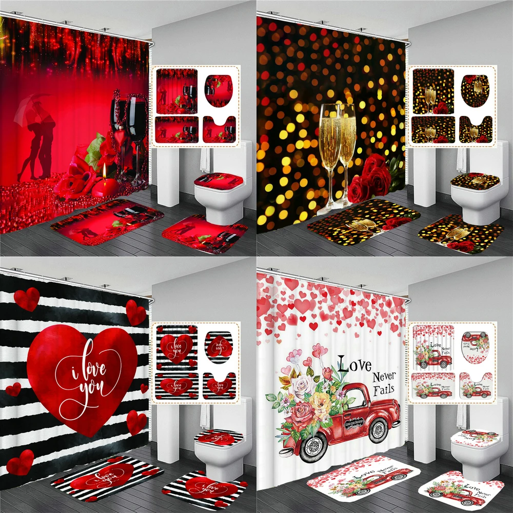 Love Romantic Red Rose Shower Curtain Set Toilet Lid Cover and Bath Mat Valentine\'s Day Bathroom Curtains with Hooks Home Decor