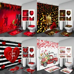 Love Romantic Red Rose Shower Curtain Set Toilet Lid Cover and Bath Mat Valentine's Day Bathroom Curtains with Hooks Home Decor