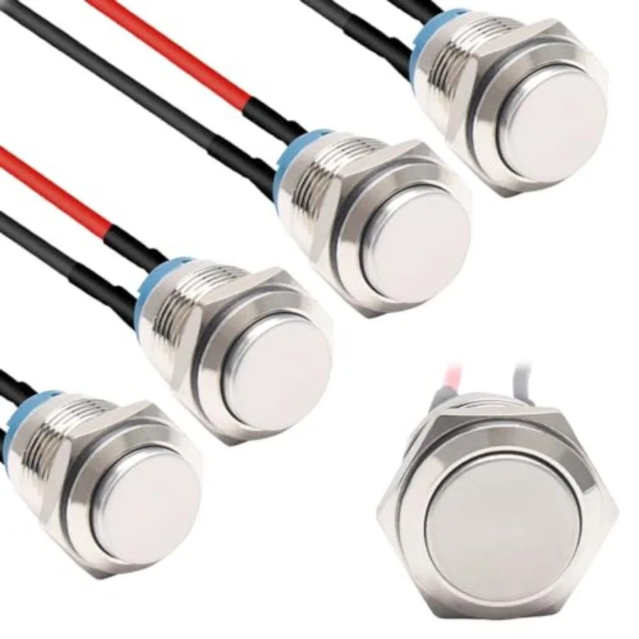 

5pcs 16mm Latching Push Button Switch Silver Shell with pre-Wiring, IP65 Waterproof Push Button Switch, Stainless Steel 1 Norma
