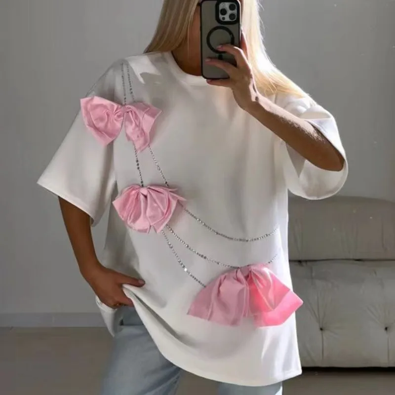 3D Bowknot Fashion Cotton T-shirt Hot Diamonds Chain Streetwear Top Plus Size O-Neck Casual Tee Mid Length Loose Shirt For Women