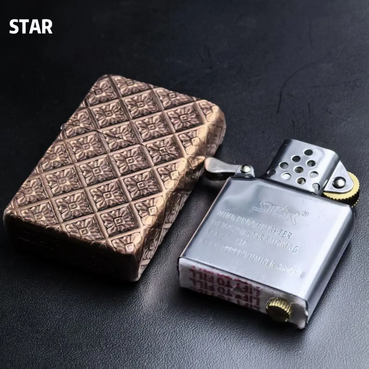STAR S905 Kerosine Lighter with High-Relief Armor Floral Pattern Made of Red Copper, Classic Flint Wheel Ignition,