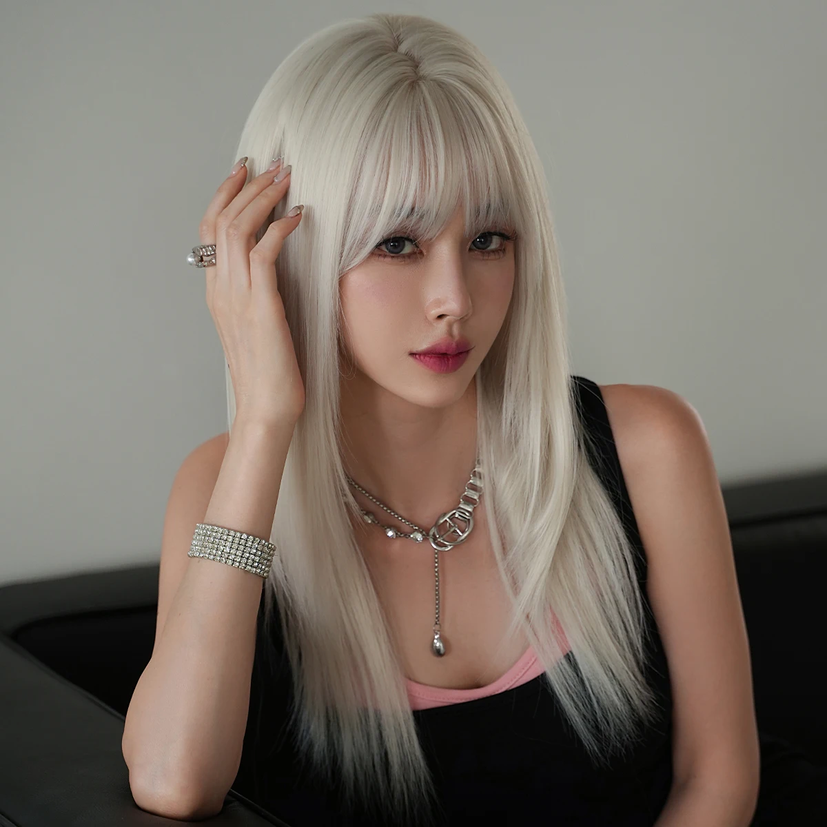 Long Straight White Wig for Women with Bangs